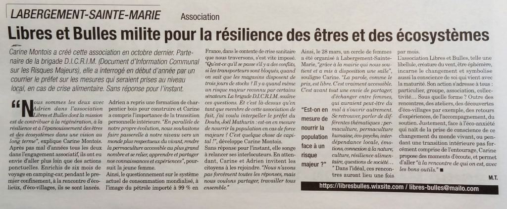 Article : Libres et Bulles milite pour la résilience des êtres et des écosystèmes