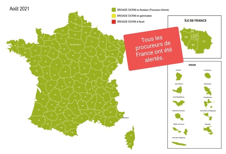 Carte de France du déploiement de l'action Brigade DICRIM 08/2021