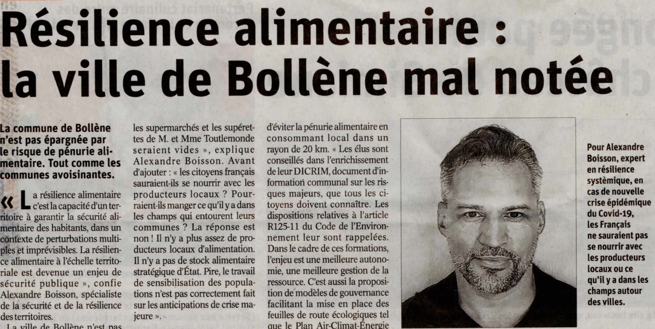 Article Le Dauphiné Libéré - Alexandre Boisson - Bollène et risque alimentaire